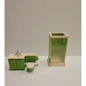 Vintage 1977 Fisher Price Retro Green Bathroom Set - Shower Stall Sink Toilet